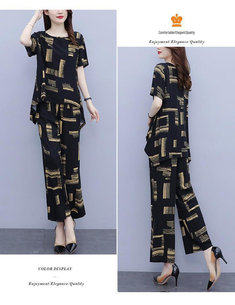 2025 Plus Size Women's Summer Outfit: Stylish Slimming Two-Piece Set with Wide-Leg Pants