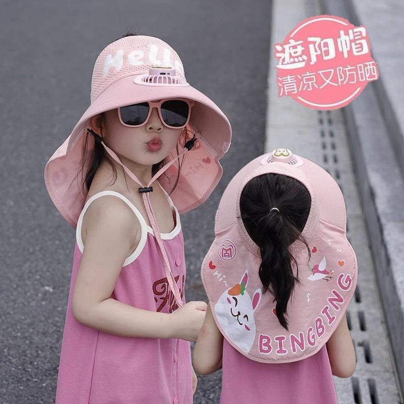 Dziecięcy Kapelusz z Wentylatorem Lato Chłopiec Outdoor Kapelusz Przeciwsłoneczny z Szerokim Rondem Dziewczynka Kapelusz Chroniący Przed Słońcem z Szalem z Pustym Wierzchem Ochrona UV