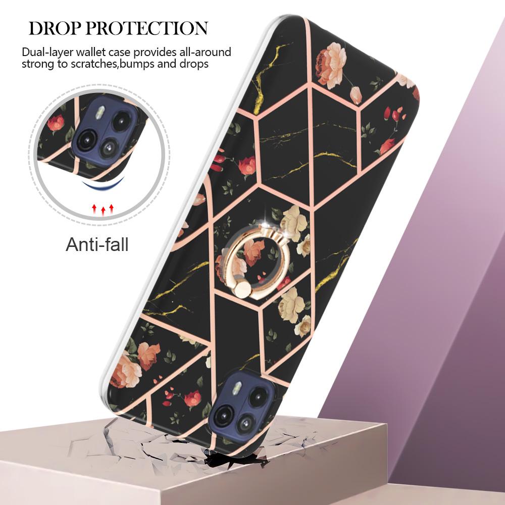Ringhalterung, goldener Rand, Gitter, Marmorblume, IMD, ultradünne Telefonhülle für Motorola Moto E20, E30, E40, G31, G41, G50, G51, G71, G10, G20, G30, G40, G60 ...