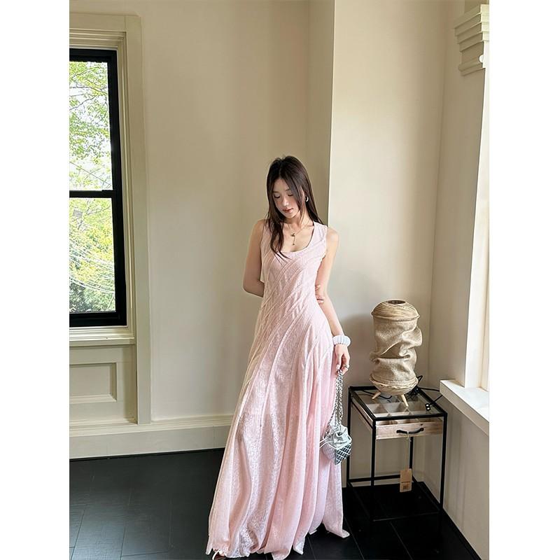 Pink u-neck sleeveless vest dress women's summer slim-fit waist lace skirt design Spice girl a-word long dress