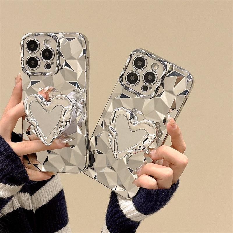 Luxury 3D Diamond-patterned Plated Love Stand Case for iPhone 15 Pro Max 14 Plus 13 12 11 7 8Plus SE 2020 All-inclusive Fall Protection Cover