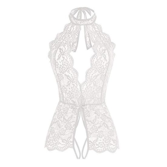 Women Bodysuit Halter Neck Lace Solid Color Soft Bodysuit Underwear
