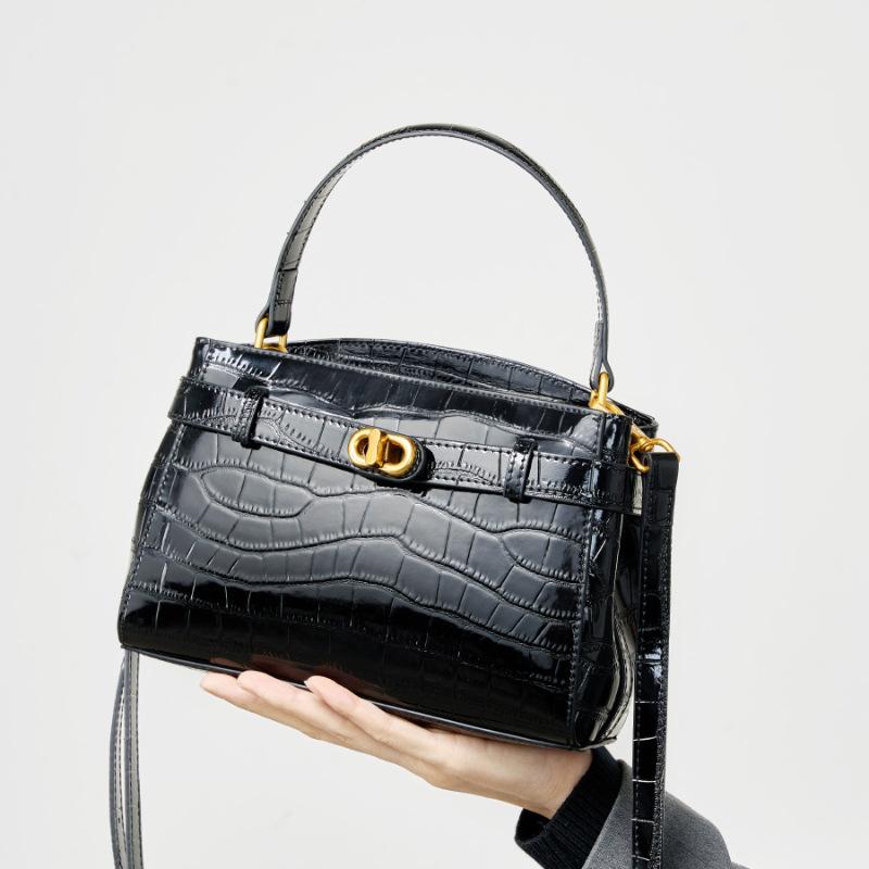 Alligator Print Latched Small Square Leather Tote Commuter Crossbody Bag for Women
