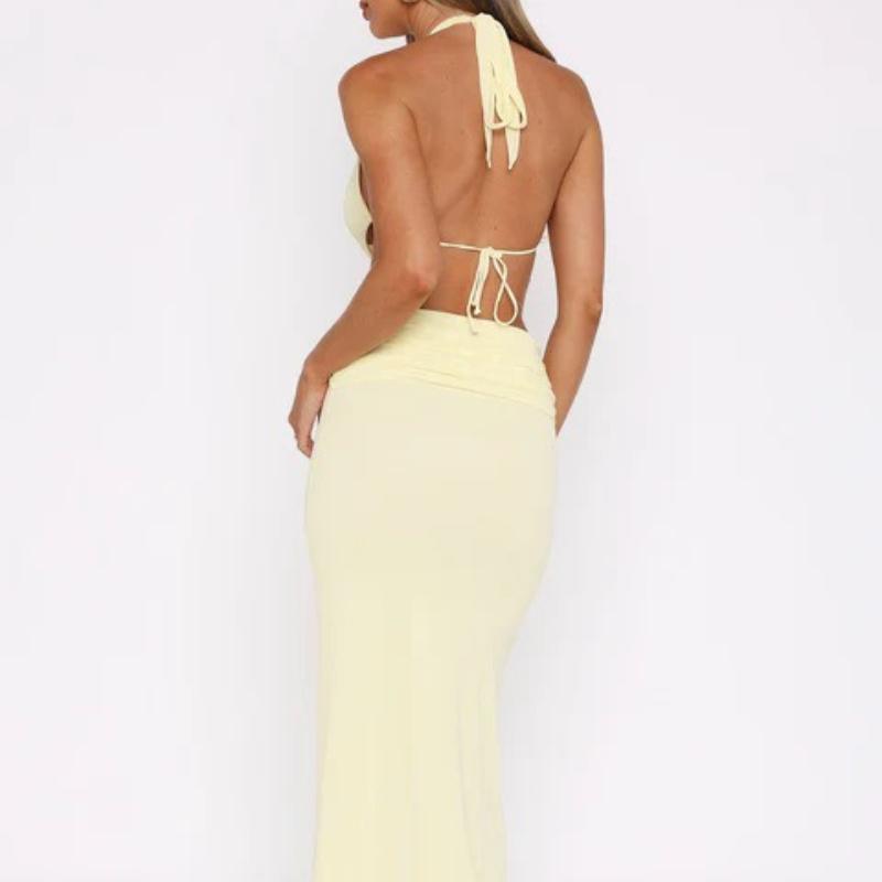 European and American summer sexy solid color hollow out deep V-neck hanging neck twisted irregular dress