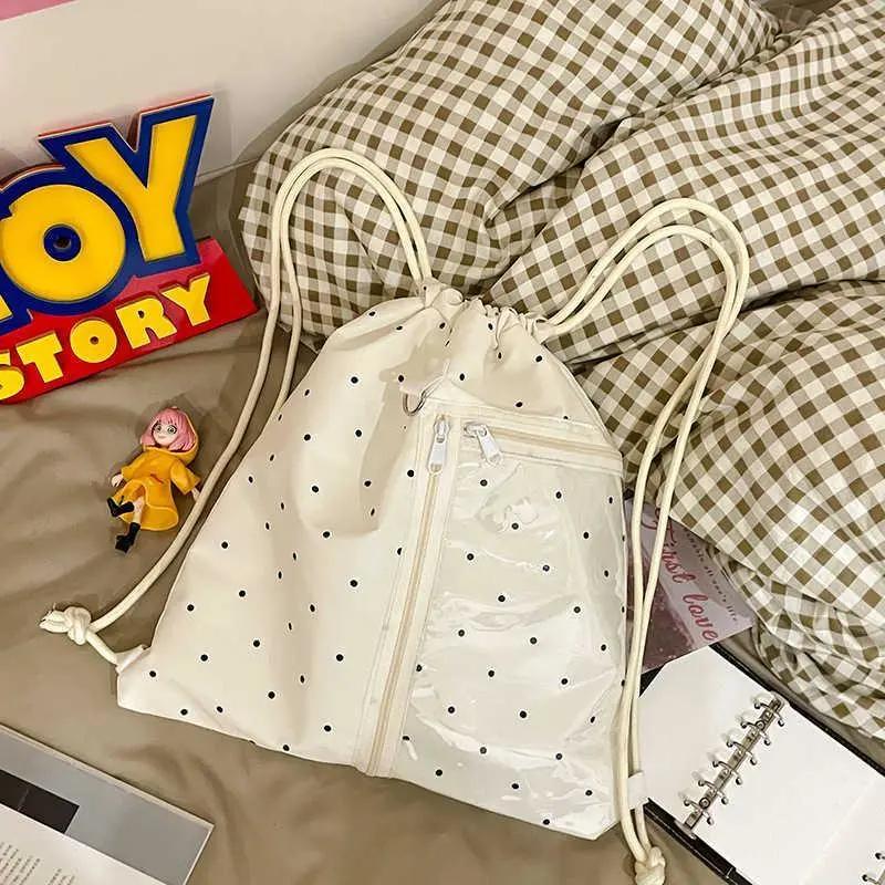 Drawstring Large Capacity Niche Cute Ulzzang Ita Bag Y2K Polka Dot Five-pointed Star Print Commuter Drawstring Backpack