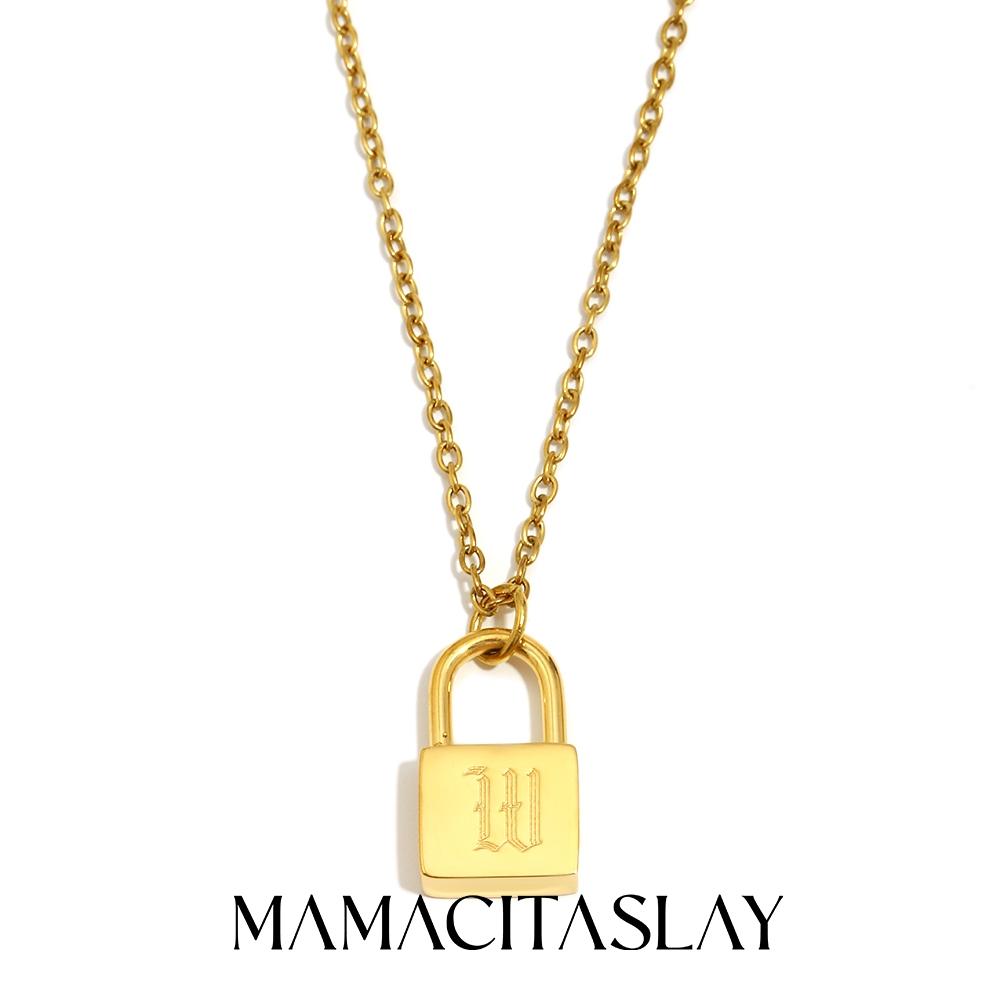 MamacitaSlay 316L Stainless Steel Ancient Letters Engaged Lock Pendant Necklace 18K Gold Plated Waterproof Neck Jewelry Gift