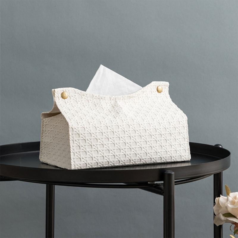 PU Leather Tissue Holder Rectangular Rattan-Tissue Box Cover Facial-Tissue-Case Paper Dispenser for Drop