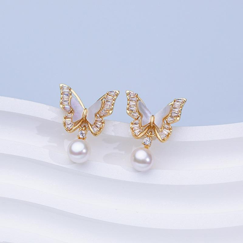 Natural Freshwater Pearl Stud Earrings S925 Sterling Silver Earrings Fritillary Zircon Pearl Earrings Light Luxury High Sense