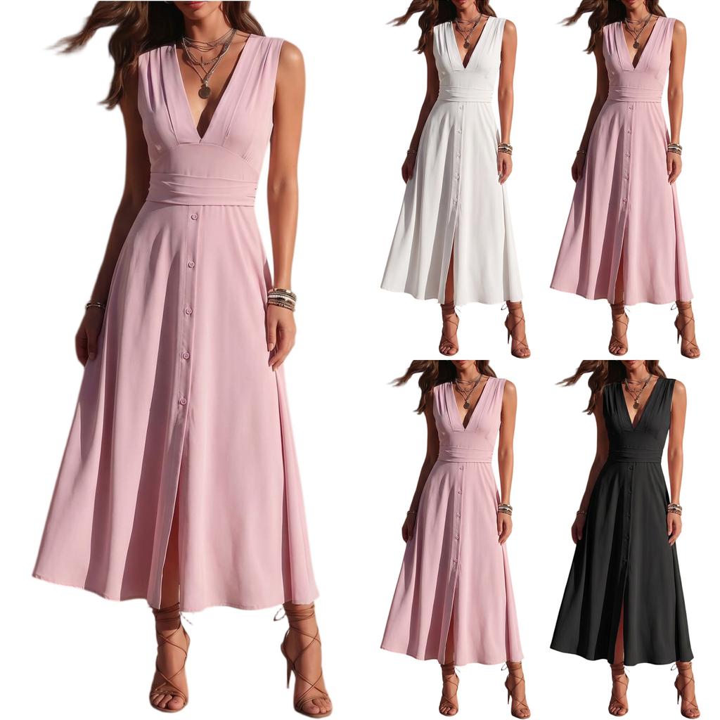 Women Sleeveless Deep V Neck Solid Maxi Dress High Waist Flared Hem Button Front Elegant Long Dress for Daily Wear