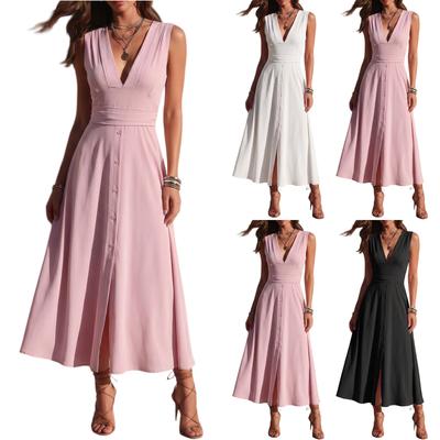 Sleeveless Deep V Neck Maxi Dress for Women Button Down Waist Pleated Sundresses for Women Summer Dresses for Women Spring Dresses for Women