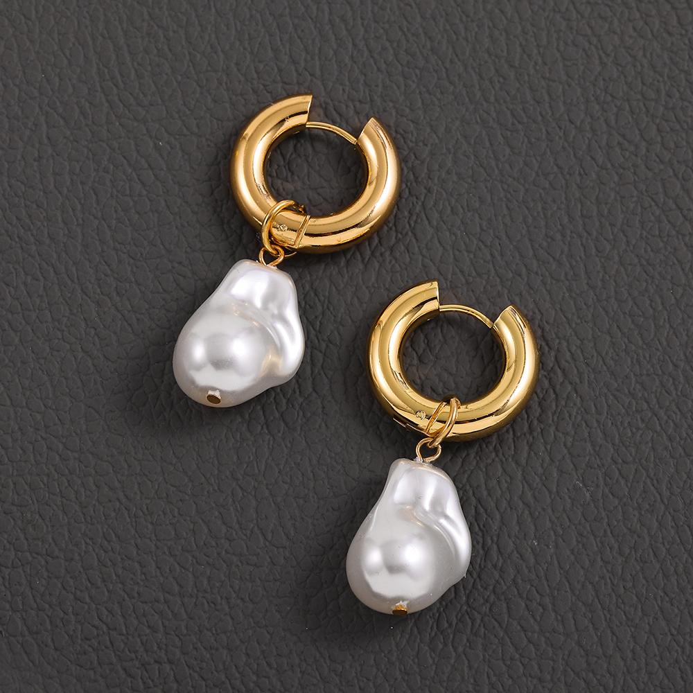 

Irregular Baroque Pearl Drop Earrings for Women Stainless Steel Round Circle Statement Hanging Earrings Punk Zircon