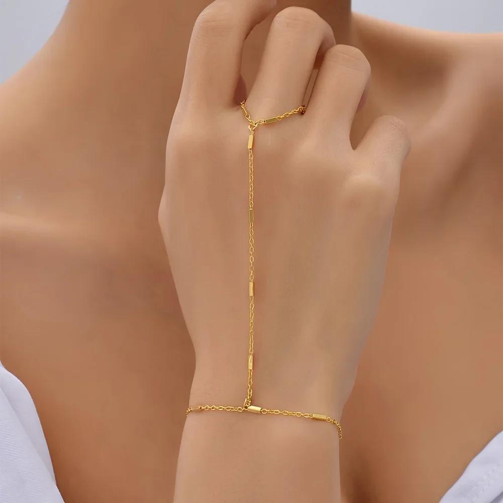 

Bohemian Elegant Fine Chain Link Ring Bracelet Minimalist Hand Jewelry for Women 18cm