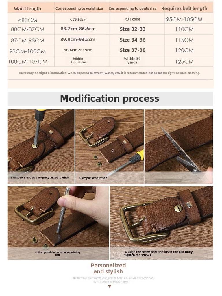 Męski modny pasek ze skóry retro szczotkowanej ręcznie z miedzianą klamrą szpilkową