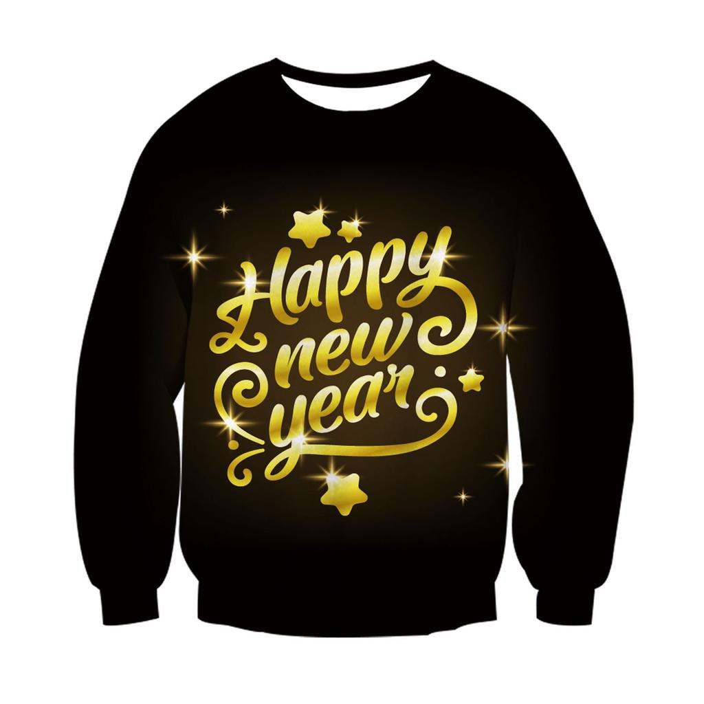 Happy New Year for Autumn and Winter Ladies 3D Printed Crew Neck Comfortable Trend Breathable Hoodies & Sweatshirts (women’s)