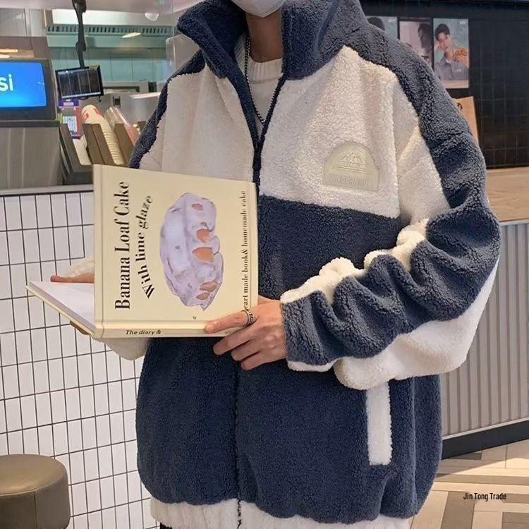 Men's Trendy Hooded Cotton Jacket - Lambswool, Plus Size, Autumn/Winter, Hong Kong Style, Loose Fit, Casual, Warm, Couple's Outerwear