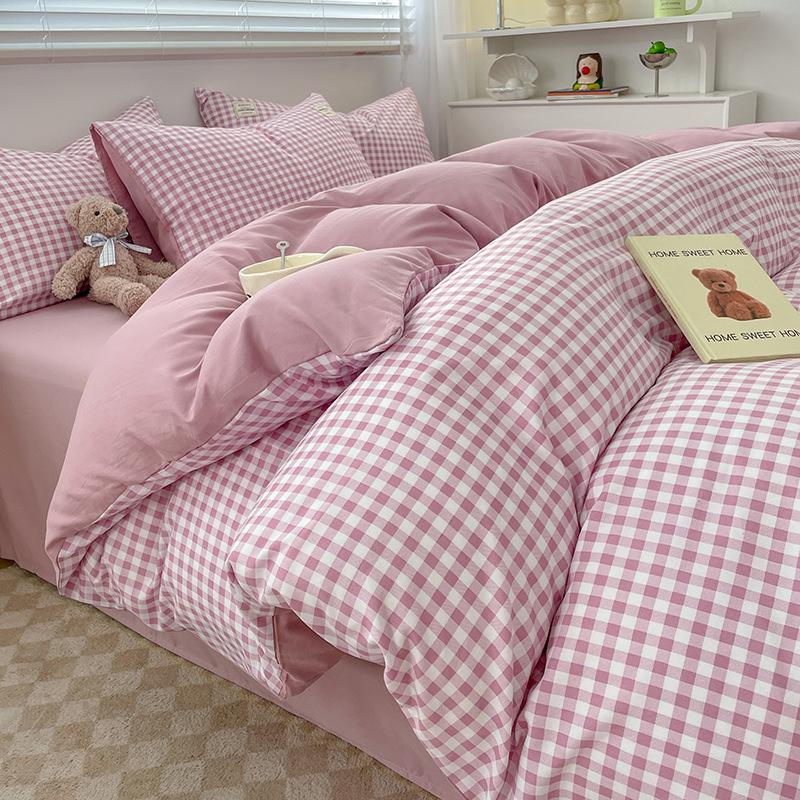 Simple Pure Cotton Four-piece Set Plaid Pure Cotton Bed Sheet Quilt Cover Bed Sheet Type Pure Cotton Dormitory Three-piece Set