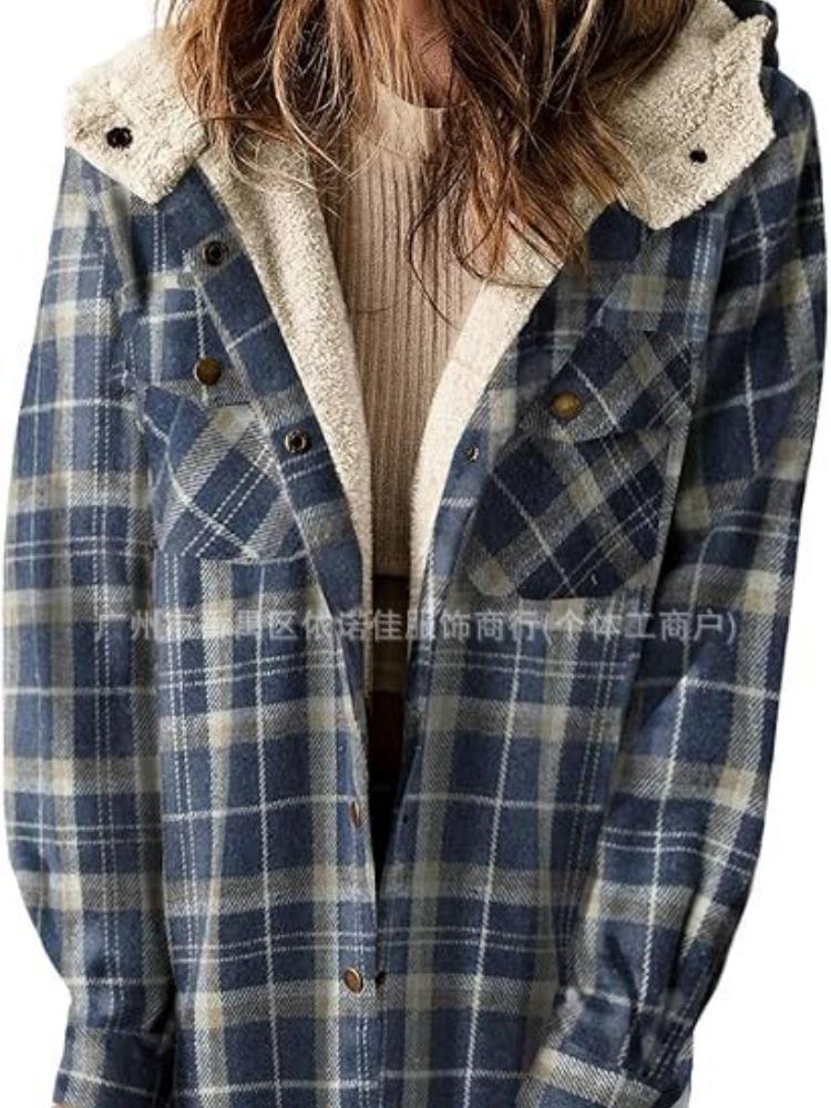 Women's Checkered Plaid Fleece-Lined Jacket, Cozy Outerwear with Soft Collar