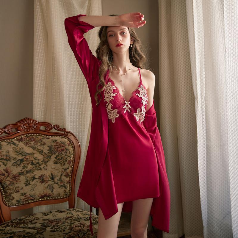 Sexy Pajamas Women's Pure Desire Summer New Suspender Lace Nightgown Two-piece Set Autumn and Winter Ice Silk Thin Nightgown Set