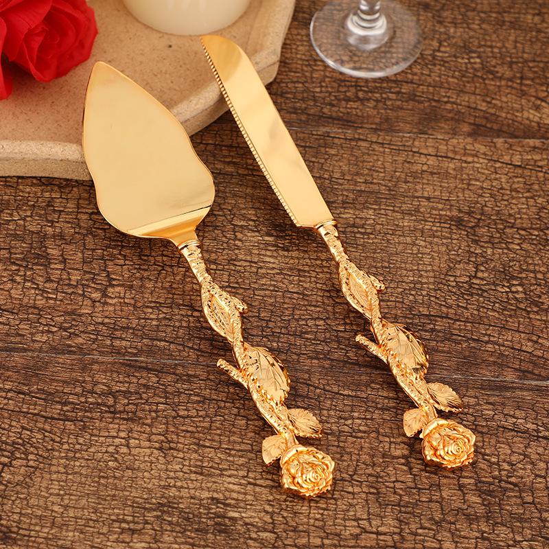 Rose Flower Cake Knife & Spatula Set - Exquisite Metal Alloy Wedding & Tableware Display.