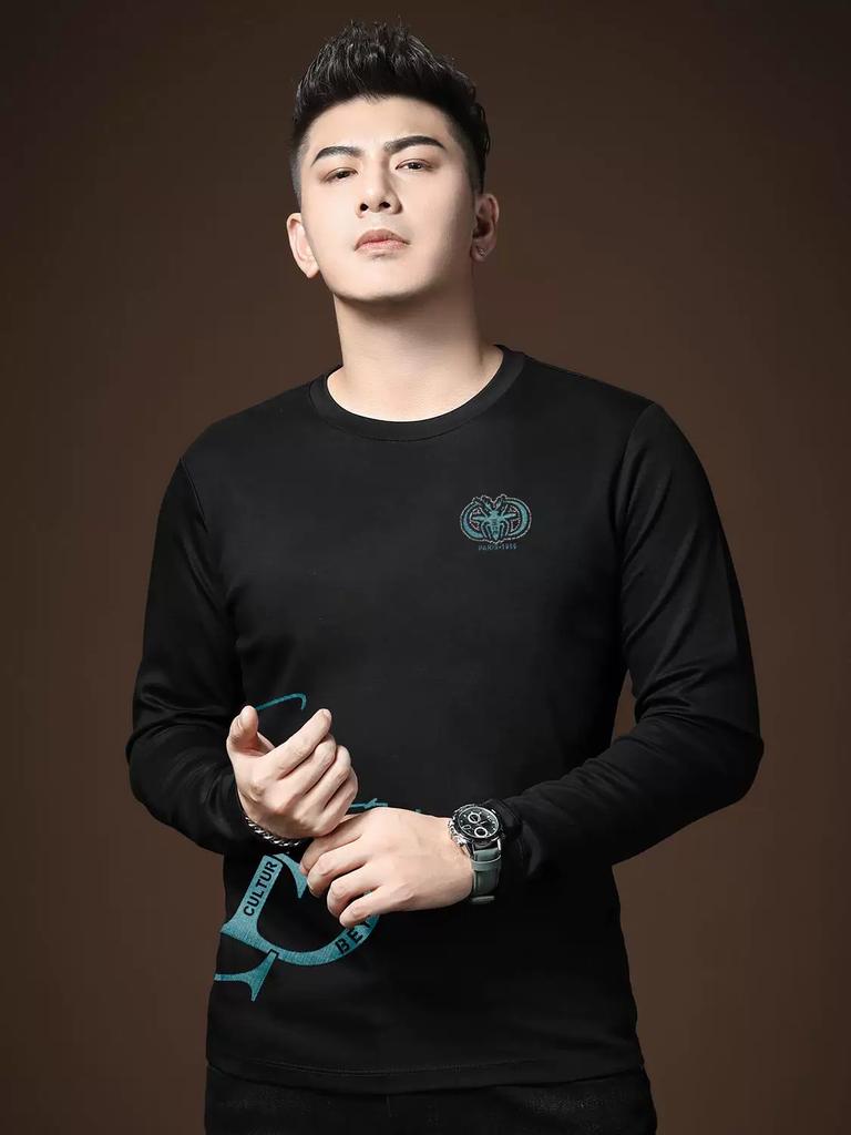 2025 Autumn New Men's Round Neck Long Sleeve T-Shirt Trendy Brand Letter Print Base Shirt Casual Top Tee for Men