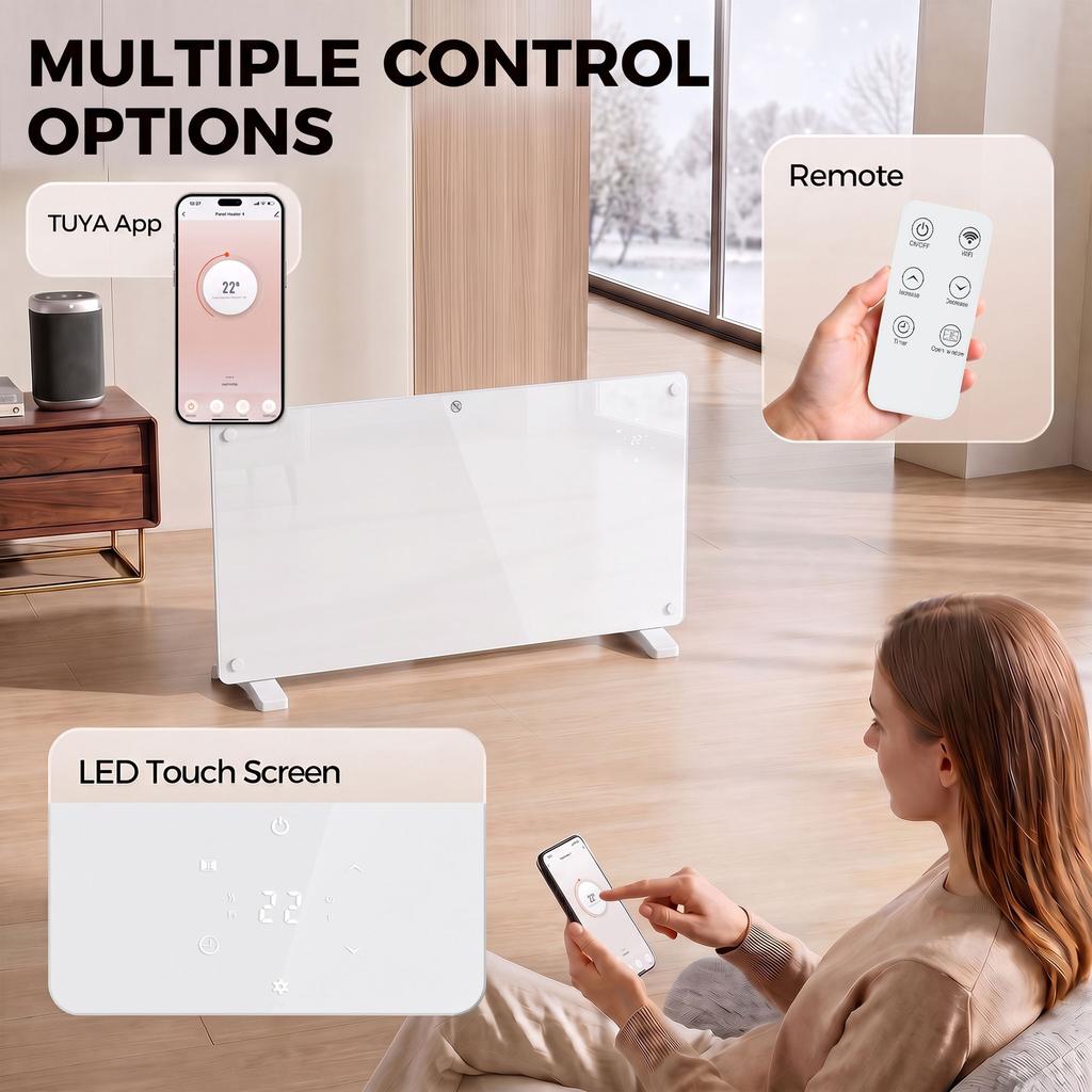 1500W Smart Panel Heater Wall Mounted & Freestanding, Electric Heater with Weekly Timer, Open Window & Anti-Frost, White