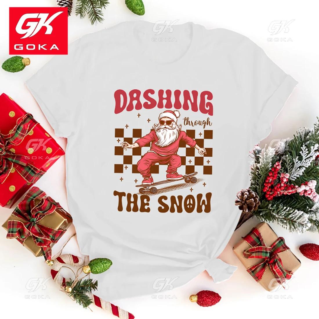 Unisex Fashion O Neck Tops Christmas Dashing Through The Snow Printing Shirt Short Sleeve Cotton T Shirt Casual Shirt T Shirts S
