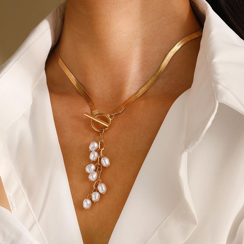 Imitation Pearl Tassel Flat Snake Bone Necklace For Women Fashionable Personalized Daily Accessory Party Jewelry Birthday Gifts