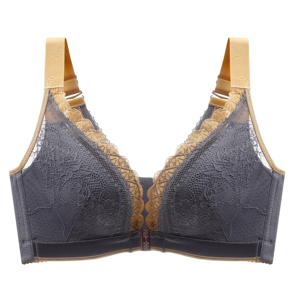Sexy Lace-trimmed Front and Back Buckle Bra with Breathable Cups Plus Size Side Breasts Beautiful Back and Push-up No-rim Bra