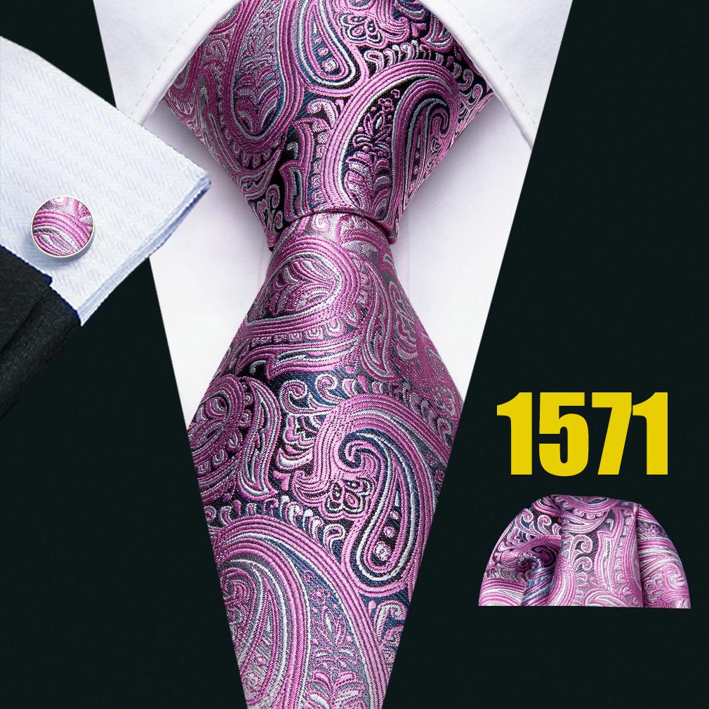 Men Pink Ties Fashion Classic Striped Paisley Floral Necktie Handky Cufflinks Set Formal Wedding