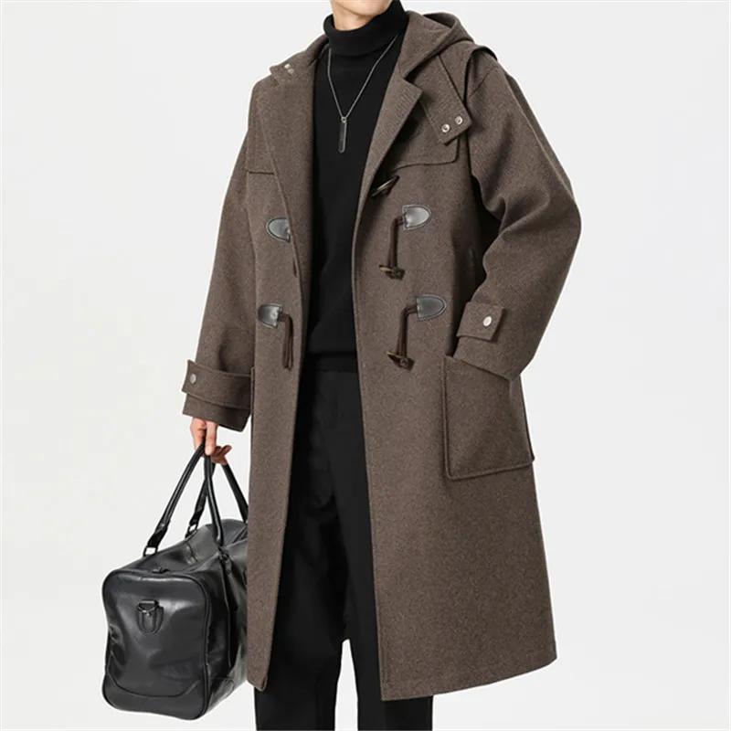 Herbst Winter Wollmäntel Herren Kapuze Trench Mode Locker Lässig Streetwear Lang Oberbekleidung Mantel Männlich Knopf Windbreaker