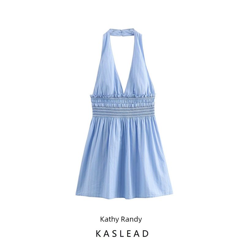 Kaslead New Arrival Women's Clothing Fashion Style Fashion Stripes Poplin Hanging Collar Dress 0881376