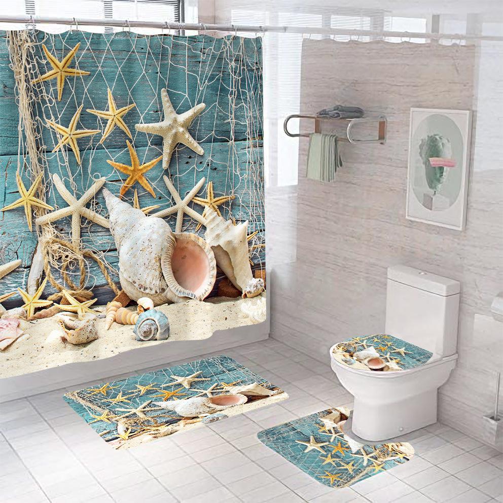 Bathroom Shower Curtain Four-piece Digital Printing Beach Shell Waterproof Shower Curtain Shower Curtain Partition Curtain Bath Mat
