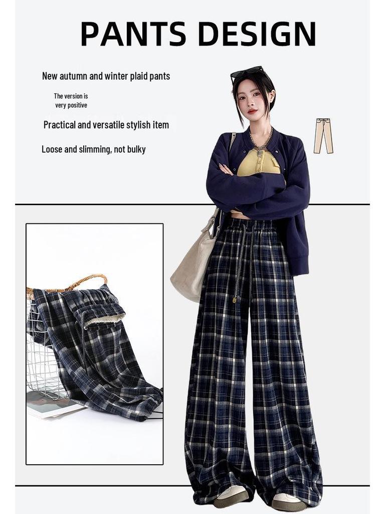Women's Retro Plaid Wide-Leg Cuffed Pants - Spring 2026 Lazy Style