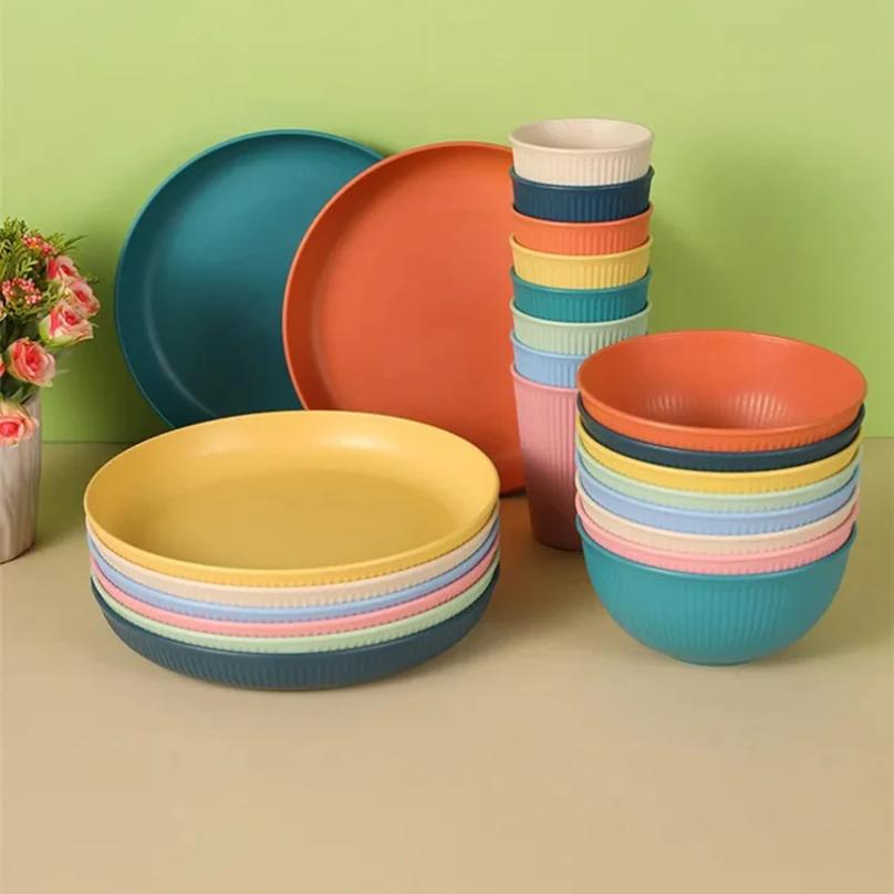 Set da tavola in paglia di grano 4 pezzi Eco-friendly Sicuro Piatti Tazze Ciotole Set di stoviglie per feste a casa Campeggio all'aperto Colore caramella Regalo