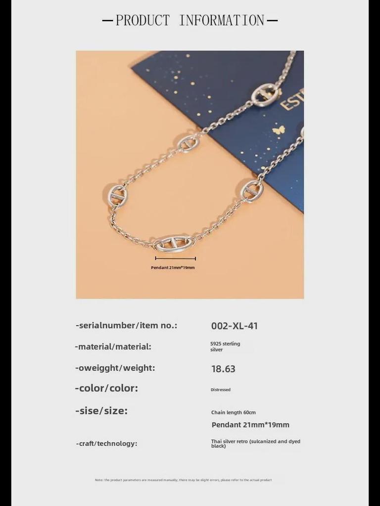 Sterling Silver Pig Nose Necklace: Retro Thai Silver Design, Simple Korean Style, Versatile Ladies' Fashion, Personality Trend Jewelry.