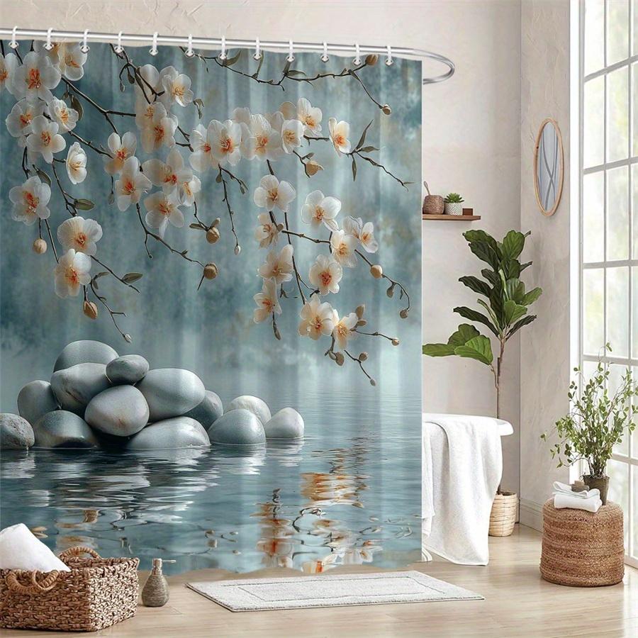 1Pc Tranquil Orchid And Stone Shower Curtain - Polyester Fabric, Machine Washable, Suitable For Bathroom Decor