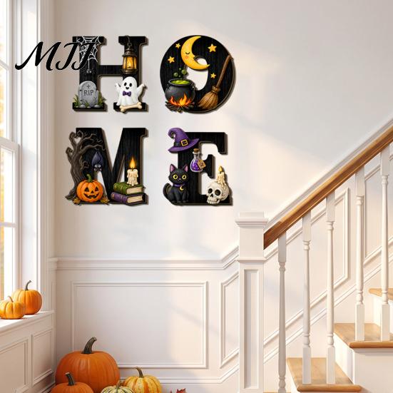 Holiday Home Accents Halloween HOME Letter Wall Hanging Ornament, Wooden Festive Decor with Ghost Skull Party Supplies Pumpkin Black Cat Bat Elements