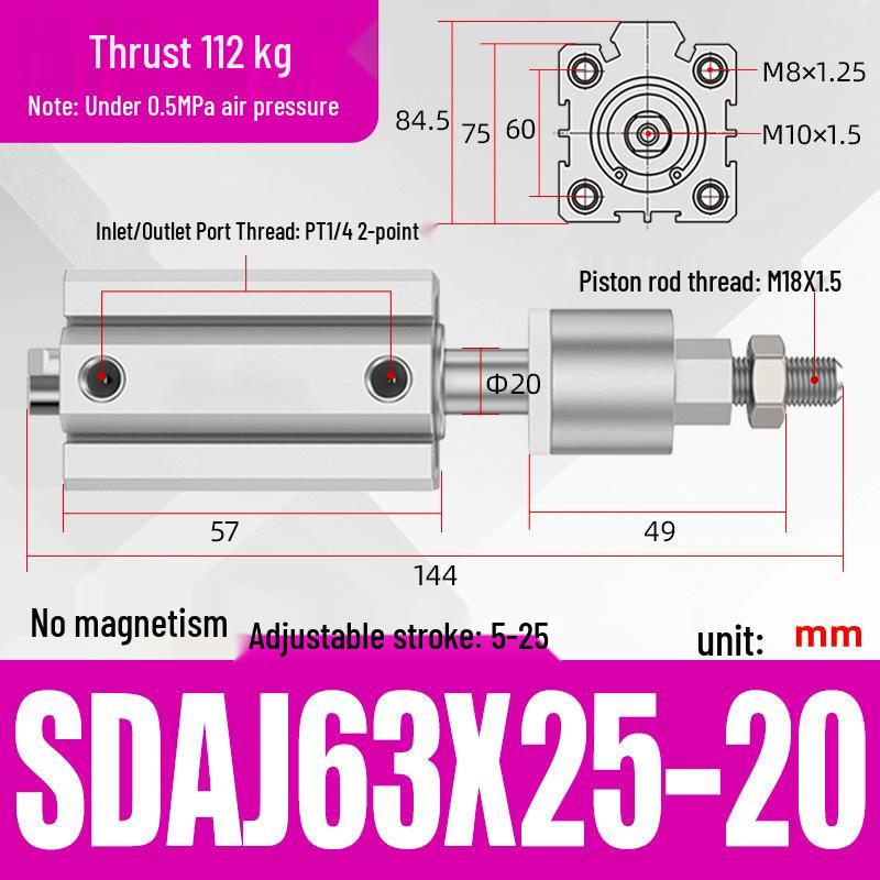 Adjustable Stroke Pneumatic Thin Cylinder - Piston Rod Sizes: 16/20/25/32/40/63