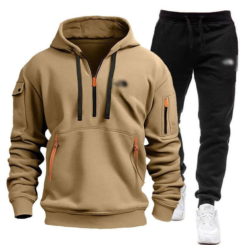 Mens Winter Hooded Tracksuit Long Sleeve Top Pants Set Multi Pockets Casual Sportswear