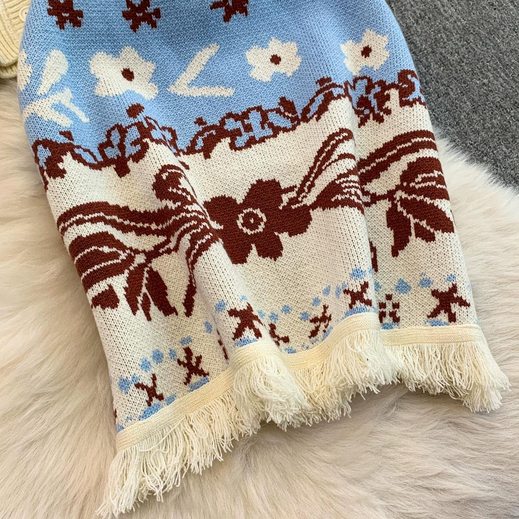 Autumn Winter Women Vintage Tulip Jacquard Knitted Sweater Two Piece Set Single Breasted Cardigans and Mini Pleated Skirt Outfits