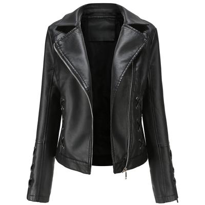 Kvinner i kunstskinn asymmetrisk beskåret jakke Zip Up PU Moto Biker Short Coat Slank yttertøy Vintage snøring Crop Racer Motorsykkel Bomber Høst Vår Ny