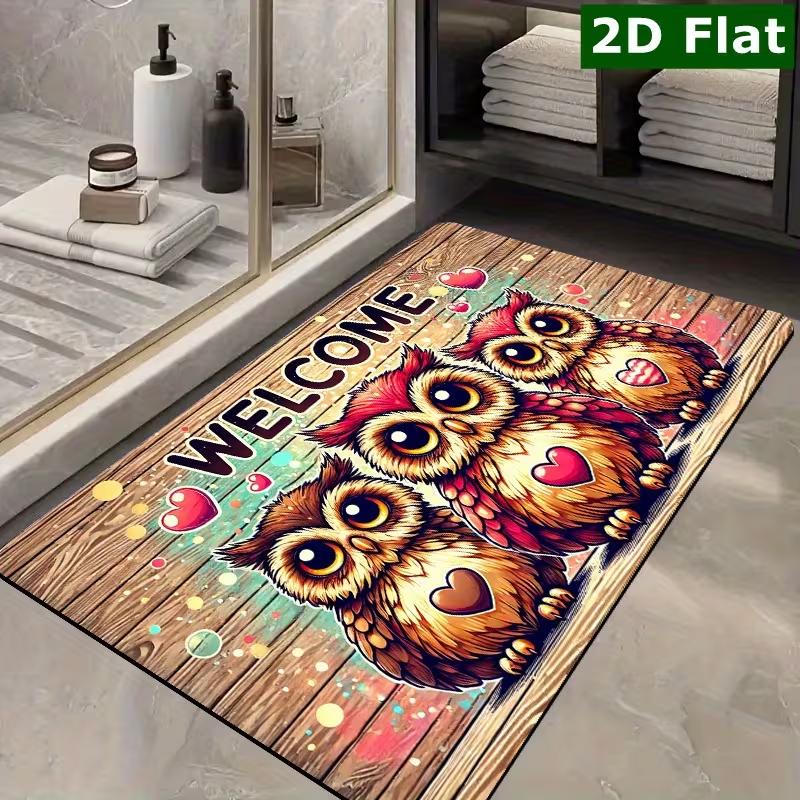 Rustic Wooden Board Owl Welcome Doormat Non Slip Front Door Mat, Cute Forest Bird Leaf Pattern Entry Rug for Home Decor