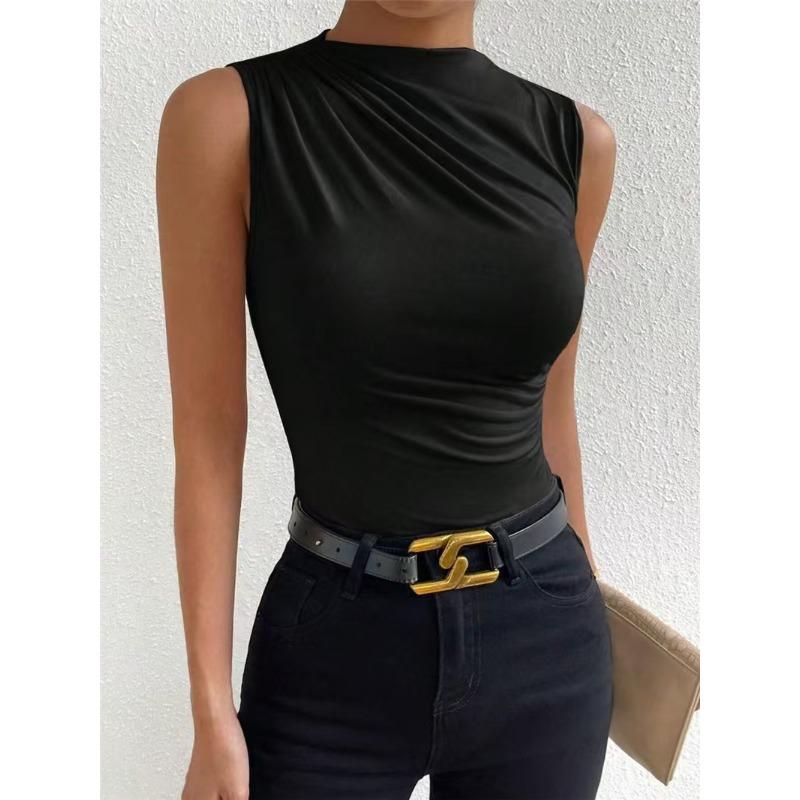 Damen Frühling Sommer Neu, Modischer Vielseitiger Einfarbiger Ärmelloser Pullover mit Falten, Hemd mit Halbtunnelkragen