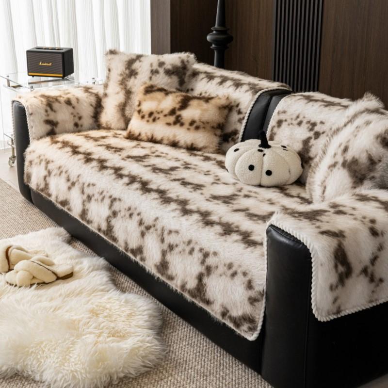 New Vintage Rabbit Plush Sofa Cushion Winter Thicken Plush Warm Straight-Line Leopard Sofa Throw Cover Anti-Slip Soft Fuzzy Mats