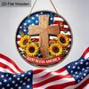 2D Flat Christian American Flag Door Sign, "God Bless America" Cross & Sunflower Wall Decor, Rustic Round Hanging Plaque for Home, Church