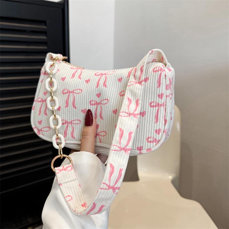 

Yogodlns New Corduroy Single Shoulder Bag Bow Fresh Ladies Bag Chain Strap Bow-Shaped Heart Underarm Bag For Women 23x8x14cm білий