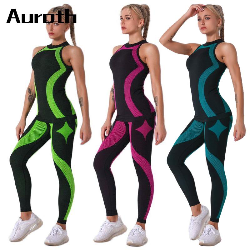 

Auroth женский комплект для йоги, комплект из 2 предметов, спортивная одежда, леггинсы с высокой талией, жилет без рукавов, бесшовная вязаная спортивная одежда