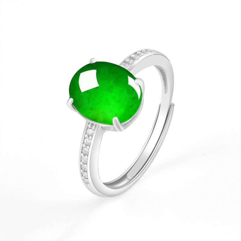S925 Silver Adjustable Women's Ring with Natural Grade A Bright Green Jade Cabochon