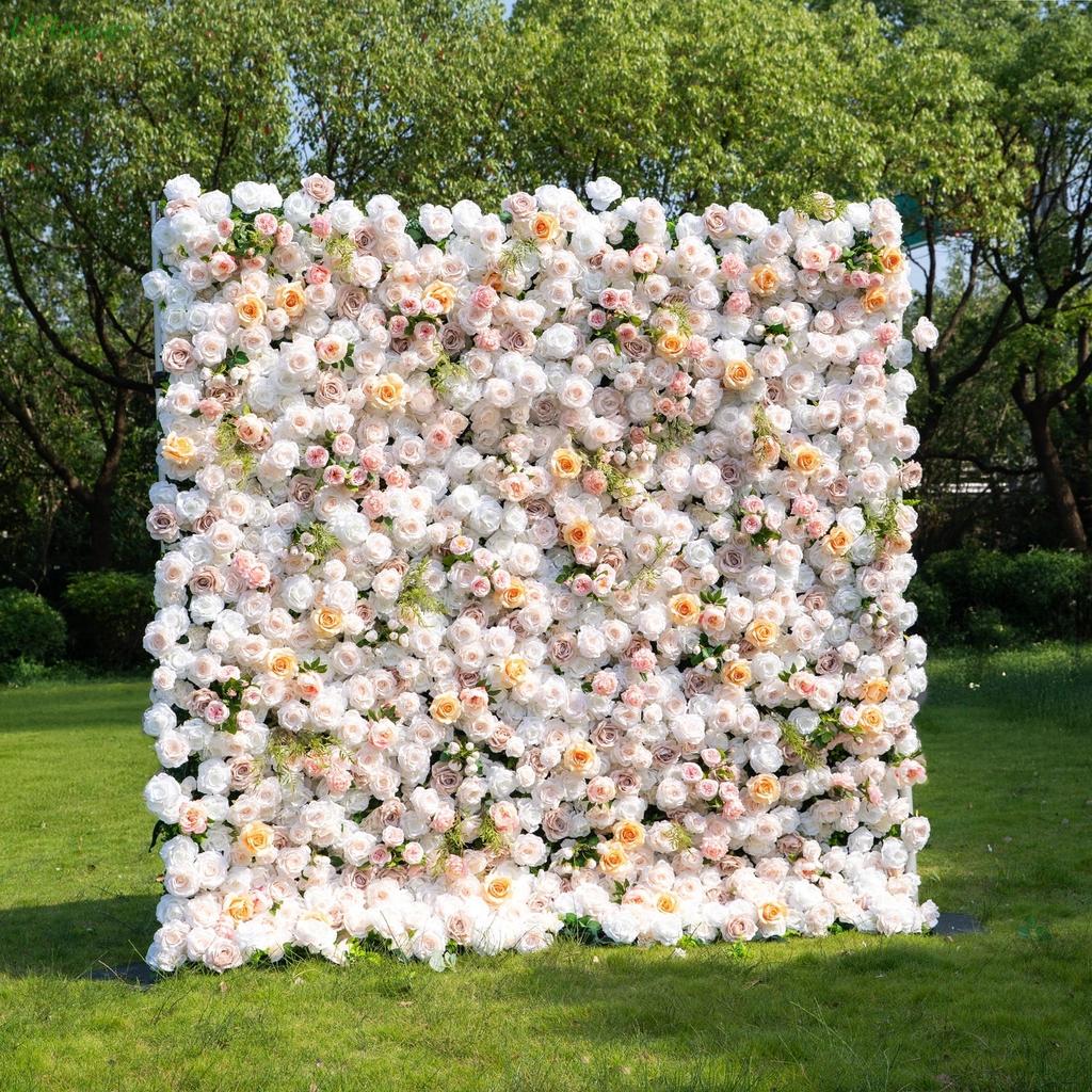 Uflower Artificial Flower Wall Roll-Up White Champagne Rose Hanging Fabric Floral Backdrop for Wedding Event Party Decorations