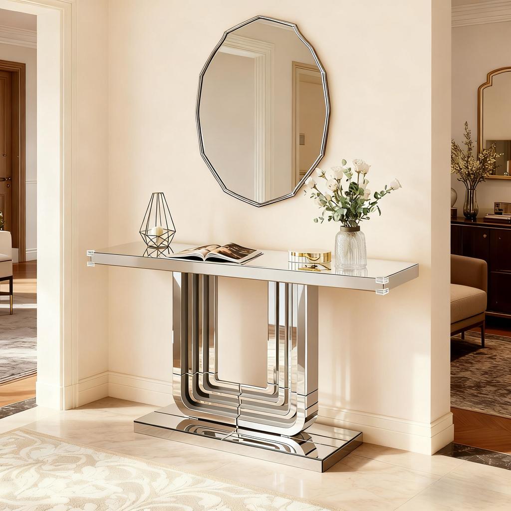 120CM Mirrored Console Table;with Silver Look & U-Shape Base, Scratch-Resistant & Easy To Clean, Luxury Living Room Table for Brightening the Room